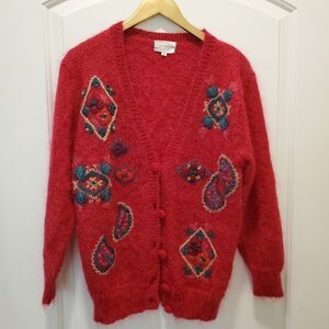 Vintage 90s Susan Bristol Cardigan Sweater Mohair Blend Hand Embroidered Red